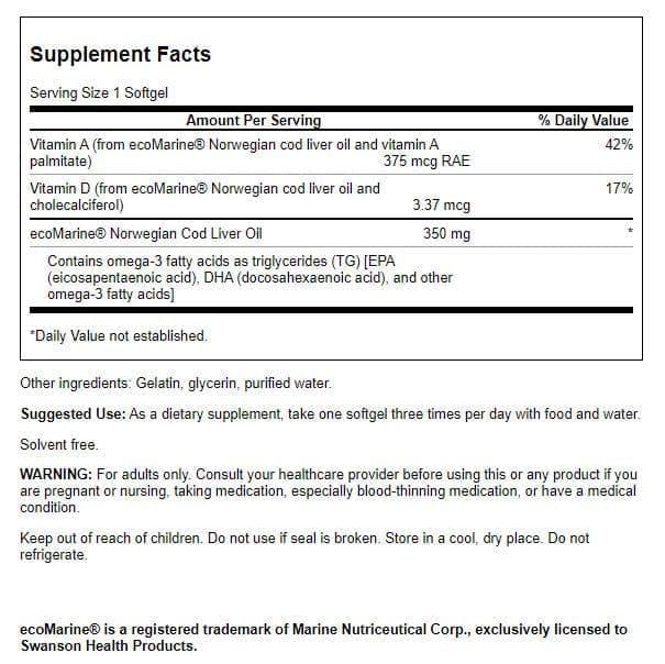 Swanson Cod Liver Oil 1250 Iu A/135 Iu D 250 Softgels, 2 Pack | Supports Cardiovascular Health and Healthy Blood Lipid Levels, Promotes Healthy Cognitive Function, Provides 135 IU Vitamin D 250 Count (Pack of 2)