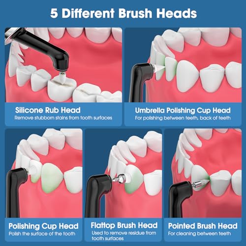 Tooth Polisher Plaque Remover for Teeth, Whitening Kit with 10 Brush Heads & 6 Polishing Pastes, 5 Smart Modes to Effectively Remove Stains, Yellowing and Plaque, Rechargeable, Black 1 count (Pack of 1) 1 Count (Pack of 1)