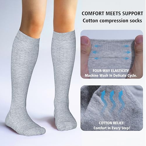 LEVSOX Cotton Compression Socks for Women&Men 20-30mmHg Knee High Cute Support Sock for Nurses Pregnancy Travel 2 Pairs-grey&pink Small-Medium
