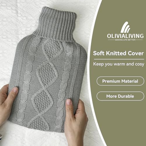 Hot Water Bottle with Cover - Premium Soft Knitted Cover - 2L Large Capacity - Hot Water Bag for Menstrual Cramps, Neck and Shoulder Pain Relief, Hot and Cold Therapies, Hand Feet Warmer Light Grey