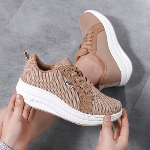 Oude Womens Walking Sneakers Comfy | Platform Shoes for Women Fashion | Stylish Standing All Day Rocker Bottom 6 Khaki