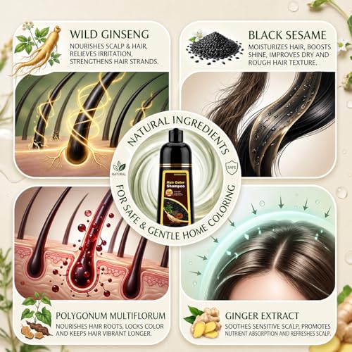 Black Tea Hair Dye Shampoo for Gray Hair, Natural Hair Color for Women&Men Black Tea