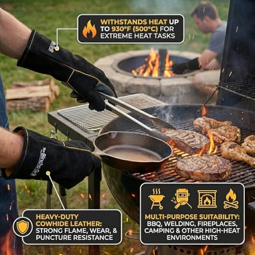 The Bincho Grill Fire Heat Resistant Gloves – 14 Inch 932°F Fireproof Leather Fireplace & BBQ Gloves for Grill, Oven, Wood Stove, Campfire, Welding (MIG/TIG) - Heavy-Duty