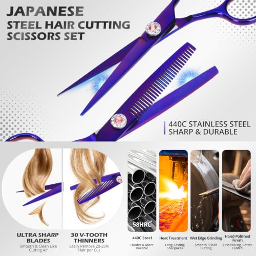 21Pcs 440C Hair Cutting Scissors Kit, Hair Scissors & Thinning Scissors Set Purple