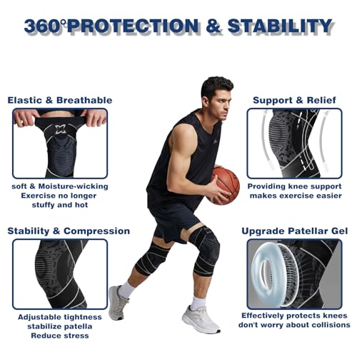 2pc Knee Brace for Women Men,Adjustable Support Strap knee pads with Side Stabilizers & Patella gel,Stretch breathable compression sleeve for men women Knee Pain Relief Athletics Daily Use Large black
