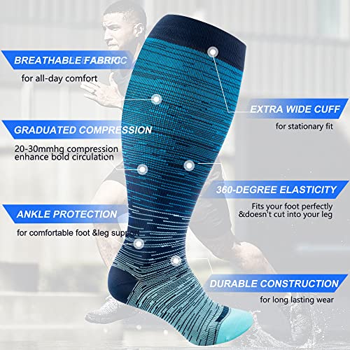 LEVSOX Plus Size Compression Socks Wide Calf Men&Women 20-30 mmhg Knee High Support Socks for Medical, Nurse, Diabetic 3 Pair-black X-Large