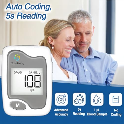 CareLiving BGM101 Blood Glucose Monitor Kit, 100 Test Strips, 100 Lancets, 1 Blood Glucose Meter, 1 Lancing Device, Diabetes Testing Kit, Portable Blood Sugar Test Kit, Glucometer Kit for Home