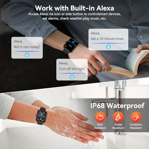 Smart Watch with Alexa Built-in, 1.83" HD Touchscreen Fitness Tracker, Bluetooth Notifications, IP68 Waterproof, 120+ Sport Modes, 24/7 Heart Rate & Sleep Monitor for iPhone Android iOS (Black) Black