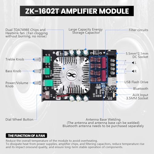 Audio Amplifier Board, ZK-1602T Bluetooth 5.0 Power Amp for Home Speakers Black3 ZK-1602T(160W X 2)