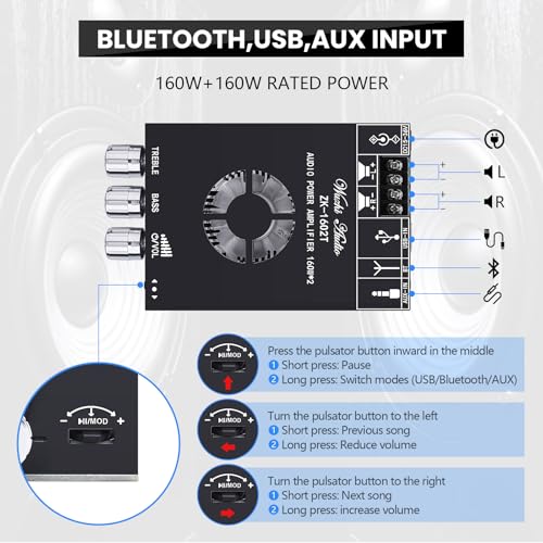 Audio Amplifier Board, ZK-1602T Bluetooth 5.0 Power Amp for Home Speakers Black3 ZK-1602T(160W X 2)