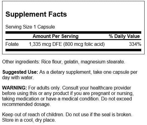 Swanson Folic Acid 800 mcg (Folate DFE), 250 Capsules | Supports Heart Health and Promotes Cell Growth, DNA Synthesis and Red Blood Cell Production, an Important Prenatal Vitamin