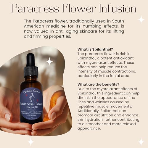 100% Organic Paracress Flower Spilanthes Facial Oil Serum for Face MCT Coconut Oil Infused with Paracress Spilanthes Acmella Oleracea Flowers for Anti-Aging Anti-Wrinkle Moisturizing Miracle 1 Fl Oz