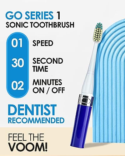 Voom Sonic Go 1 Series Travel Electric Toothbrush + 4PK Brush Heads, Travel Toothbrushes - Battery Operated Toothbrush for Adults & Kids, Portable with 2 Minute Timer (Royal Blue)