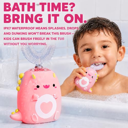 Kids U-Shaped Electric Toothbrush,4 Heads,Dinosaur Design Ages 2-12 Girls Pink