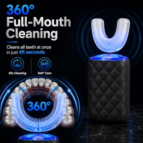 Sonic Automatic U Shaped Electric Toothbrush for Adults - 360° Full Mouth Cleaning, 5 Modes for Whitening & Gum Care, IPX7 Waterproof Rechargeable, Silicone Toothbrush Set Blck
