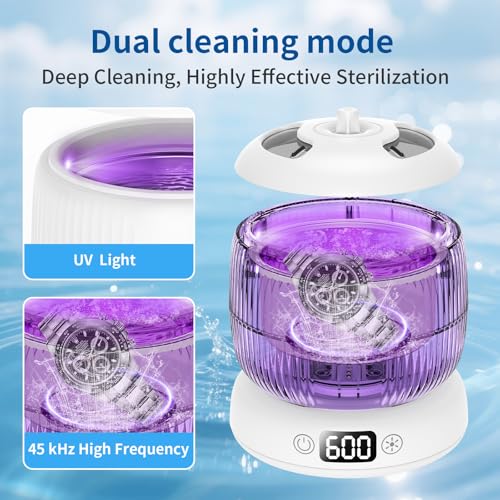 2025 Upgraded Ultrasonic Retainer Cleaner Machine,Separate Retainer Cleaner for Night Guards, Braces, Aligner, Toothbrush, Jewelry, 4 Modes Denture Cleaner & Removable Base and Top Cover(White)