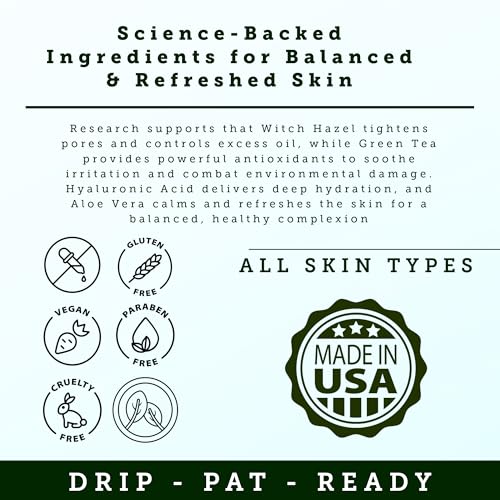 Face Toner for Men | Organic Witch Hazel, Hyaluronic Acid & Green Tea | Pore Minimizer, Hydration, Astringent, Face Tightener, Hydrating Toner, Oil Control, | Facial Toner & Men Skin Care