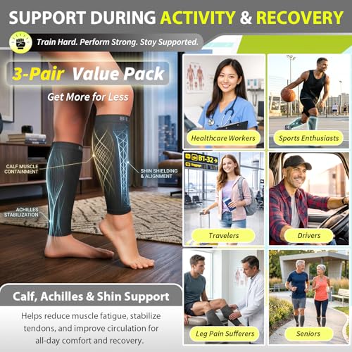 BLITZU Calf Compression Sleeves, 3 Pairs, Shin Splint Relief Running Socks Black Large-X-Large