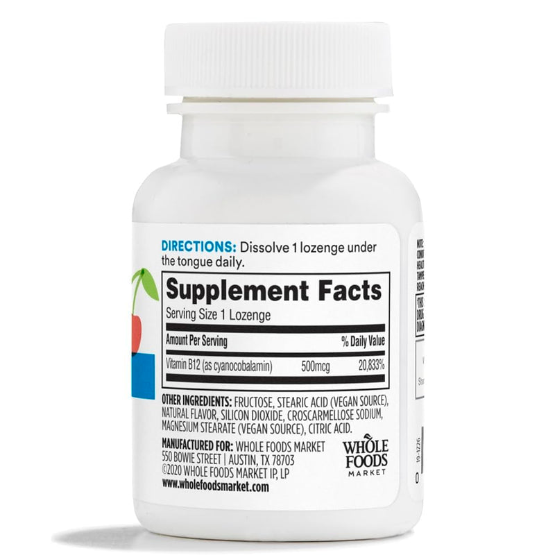 365 by Whole Foods Market, Vitamin B12 500mcg Lozenges, Natural Cherry Flavor, Vegan, 50 Count 50 Count (Pack of 1)