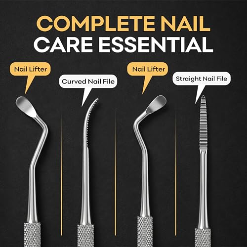 Ingrown Toenail Removal Kit - Under Nail Cleaner Tool Double Ended Nail Lifter & Nail File Cleaning Scooper Curette Tools Trimmer Medical Grade Stainless Steel Manicure Pedicure Nail Care Set by Krisp