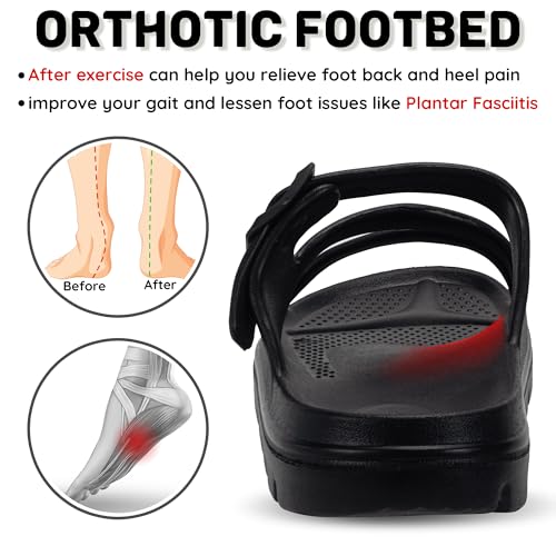 PIMIO Arch Support Sandals for Women Slip On Recovery Slides for Plantar Fasciitis Relief, Non-Slip Lightweight Slippers With Thick Cushion For Waking Foot Pain & All-Day Comfort 7 Black