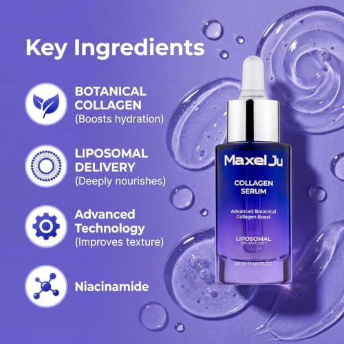 MAXEL JU Collagen Serum for Face with Peptides, Niacinamide & Pentavitin – Liposomal Anti Aging Facial Serum for Skin Tightening & Firming – Plumping & Hydrating 72h Moisture (1 fl oz / 30ml)