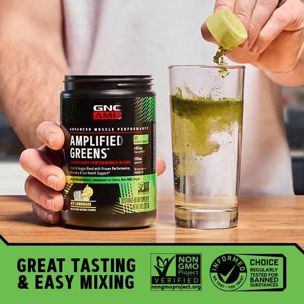 GNC AMP Amplified Greens Blend, ICY Lemonade, 10 oz, 30 Servings | Clinically Studied Cherrypure and Spectra Support Aerobic Performance and Antioxidant Health, with Probiotics for Gut Support