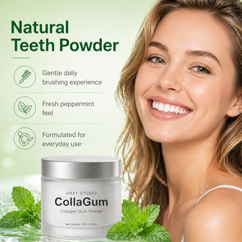 Collagen Tooth Powder, Collagen Gum Powder with Hydroxyapatite & Natural Vitamins for Daily Gumline Care, Peppermint Oral Care Powder for Brushing Routine, 1.76oz