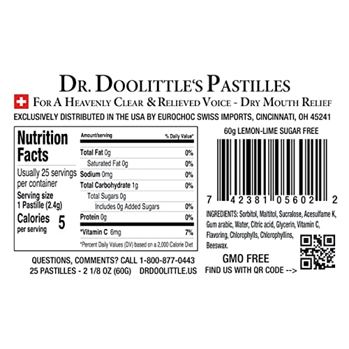 Dr. Doolittle's Sugar Free Soft Fruit Pastilles for Voice and Throat, Lemon Lime Flavor, 2.12 Ounce Tin, Approximately 25 Count Package, 2 Pack