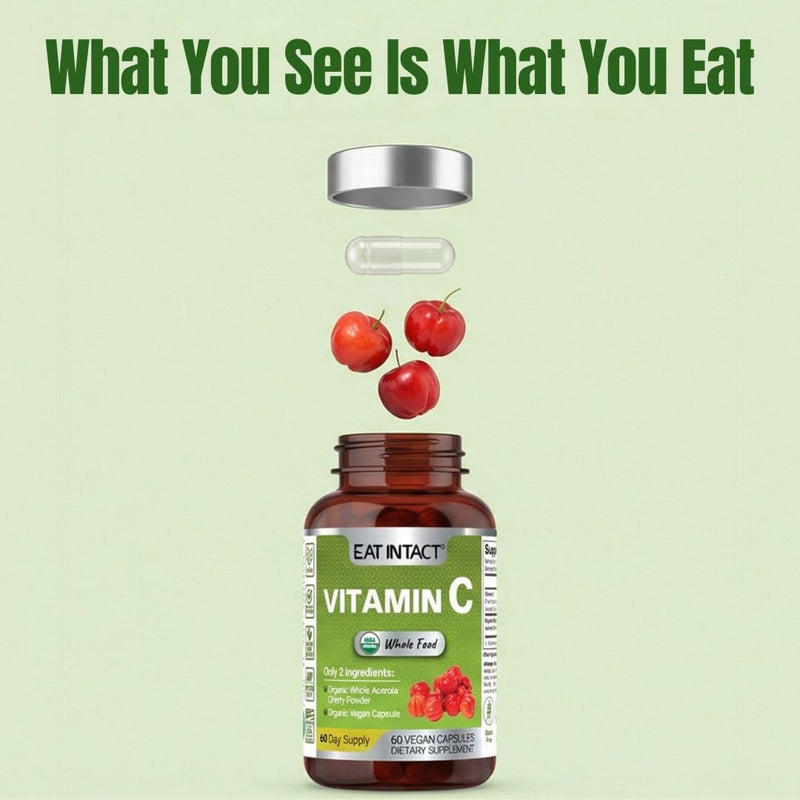 USDA Organic Corn-Free Whole Food Vitamin C, 90mg, Immune & Collagen Support, Freeze-Dried Acerola Cherry, Antioxidant Support, 2 Ingredients, No Fillers, 3rd-Party Tested, 60 Day Supply