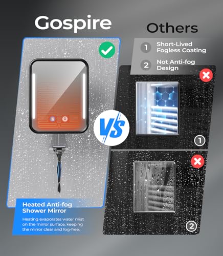 Gospire Heated Shower Mirror Fogless for Shaving with Light - Black