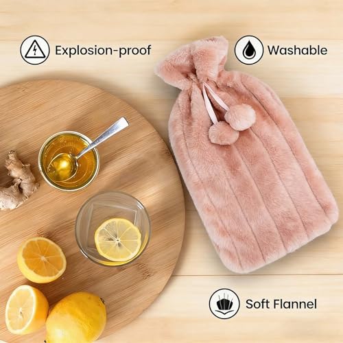 Hot Water Bottle with Cover 2L – PVC Heat Pack for Menstrual Cramps, Back Pain & Bed Warmer – Leakproof Hot & Cold Compress, Ultra-Soft Touch, Ideal for Hand/Feet Warmer (Pink) Pink