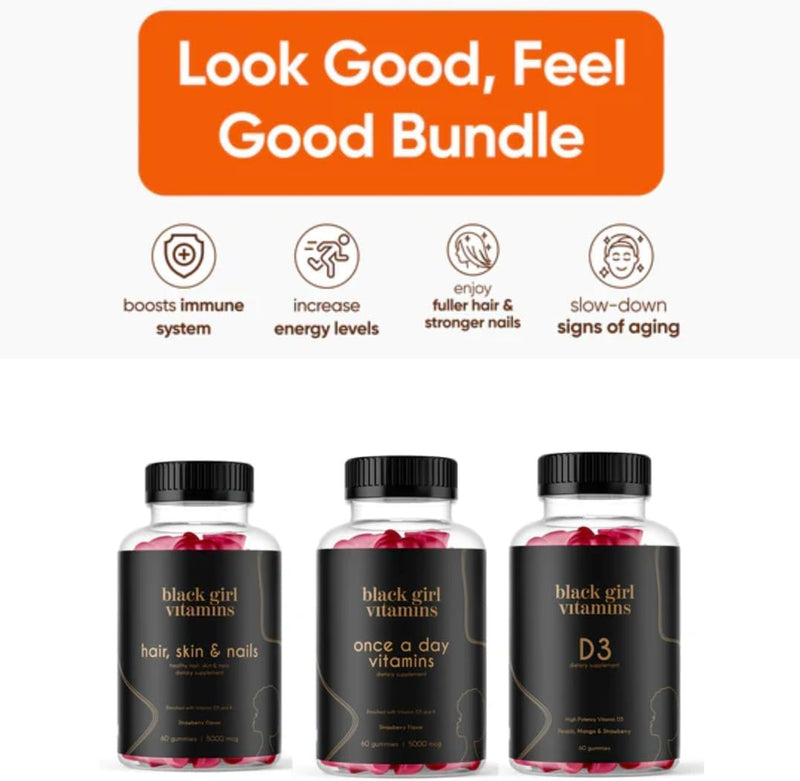 Black Girl Vitamins Look Good Feel Good Bundle – Hair Skin & Nails, Vitamin D3 2000IU & Once a Day Multivitamin - Women's Supplement Bundle – Energy, Immunity & Beauty Support 3 Count (Pack of 1)