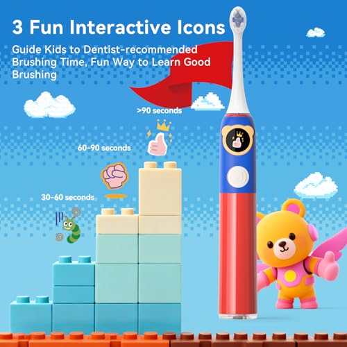SEAGO Kids Electric Toothbrush, Pressure Sensor, Rechargeable, 8 Heads Red