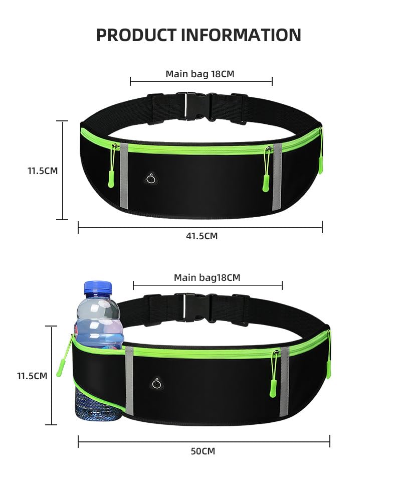 Running Belt with Two Zippered Pockets and Water Bottle Holder, Fits Phone, Keys, Energy Gels – Adjustable Waist Pack for Marathon, Trail Running, Hiking, Jogging, Walking [LD&JR] (Black) Black