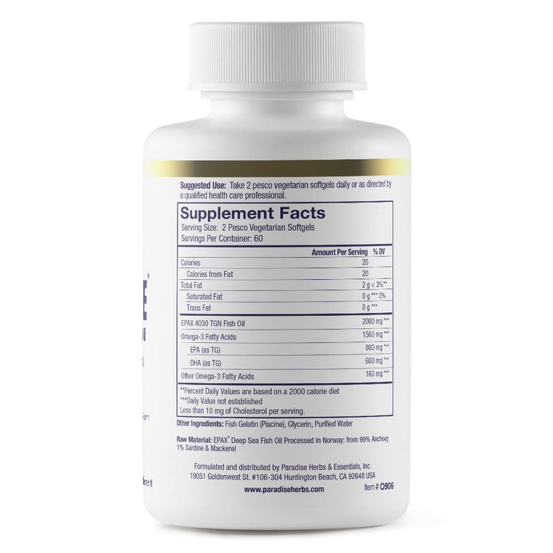 Paradise Herbs Omega-Sure Omega-3 Fish Oil, 120 Vegetarian Softgels | Omega-3 concentrate with DHA and EPA, non-GMO and gluten free formula for heart health support in easy-to-swallow form 120 Count (Pack of 1)