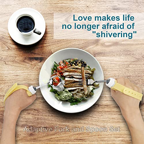 Adaptive Utensils Spoons Forks Set Weighted, Non-Slip Handles & rubber strap, for Hand Tremors & Muscle Weakness, Arthritis, Parkinson’s, Elderly; Dishwasher Safe,Stainless Steel