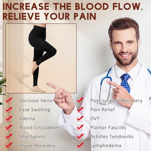 CASMON 2 Pairs Medical Compression Pantyhose 20-30 mmHg for Women & Men, Footless Compression Tights High Waist Graduated Support Compression Leggings for Varicose Veins Edema X-Large Black+Beige