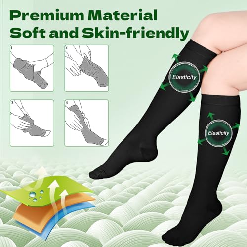 2 Pairs 20-30mmHg Knee High Compression Socks for Women,Closed Toe X-Large Black