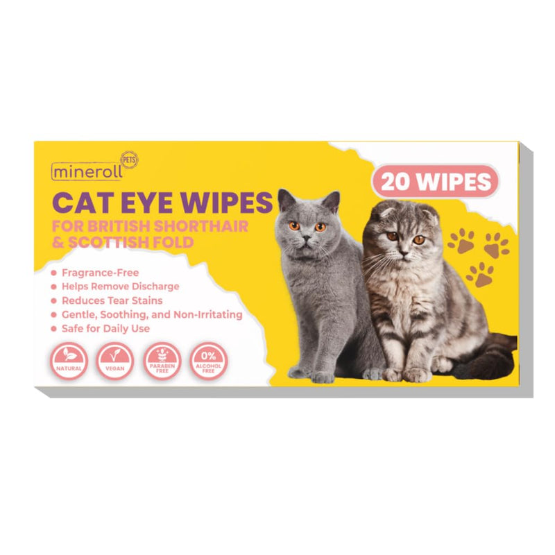Cat Eye Wipes for British Shorthair and Scottish Fold - Individually Wrapped, Gentle Tear Stain Remover, Fragrance-Free, Alcohol-Free, Vegan, Soft Fabric - 20 Count