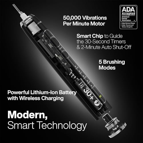 Aquasonic Black Series PRO – Ultra-Whitening Electric Toothbrush – 5 Modes & Smart Timers – Premium Travel Case & 6 Proflex Brush Heads – ADA Accepted Toothbrush 1 Count (Pack of 1)