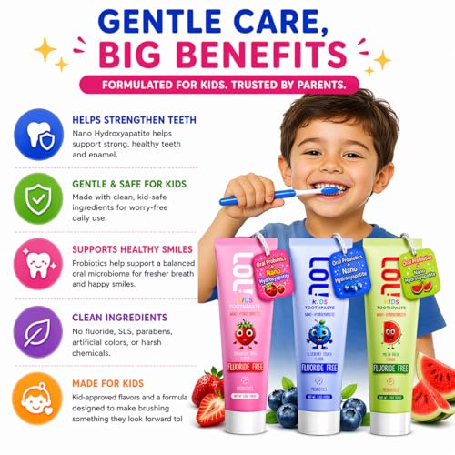 LOL! Kids Toothpaste 3 Pack – Strawberry, Blueberry & Watermelon | Fluoride Free Kids Toothpaste with Nano Hydroxyapatite & Oral Probiotics | Natural Toothpaste for Kids, Safe & Gentle