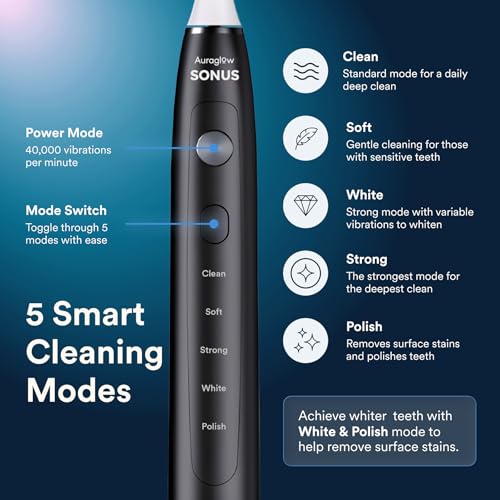 AURAGLOW Electric Toothbrush for Adults, Strong Sonic Toothbrush, 40,000 VPM, Rechargeable, 5 Modes, Removes 10x More Plaque, IPX7, 30-Day Battery, 2 Brush Heads & Travel Case Black