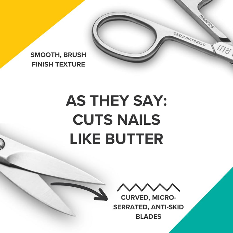 Rui Smiths Pro Precision Nail Scissors | Stainless Steel Manicure Pedicure Trimmer Cutter with Micro-Serrated, Anti-Skid, Curved Cutting Edges | Made in Solingen, Germany