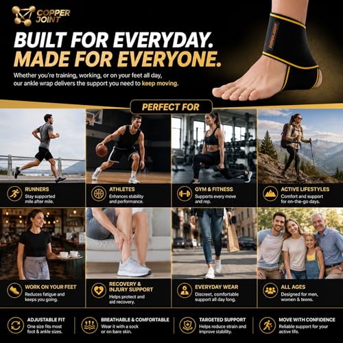 CopperJoint Adjustable Ankle Brace Wrap for Women and Men, One Size, Black