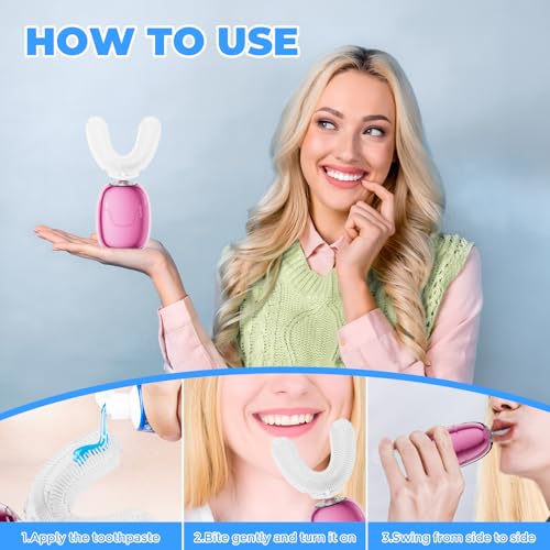 Electric Toothbrush Adults U Shaped Automatic toothbrushes,360° Whole Mouth Cleansing 3 Cleaning Modes,Rechargeable, Waterproof Pink