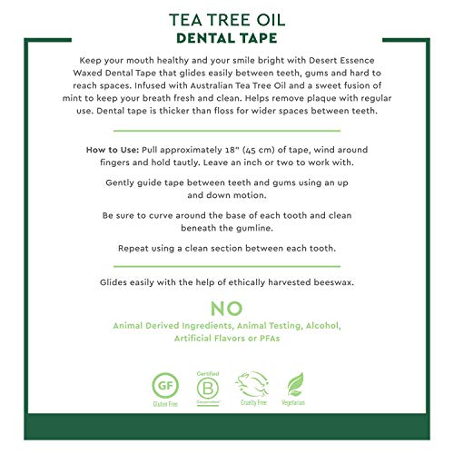 Desert Essence Tea Tree Oil Dental Tape - 30 Yards - Pack of 6 - Naturally Waxed w/Beeswax - Thick Flossing No Shred Tape - On The Go - Removes Food Debris Buildup - Cruelty-Free Antiseptic 30 Foot (Pack of 6)