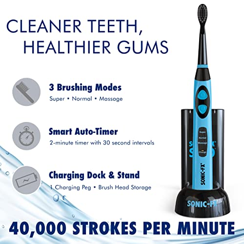Sonic-FX Solo Electric Toothbrush w/ 10 Brush Heads + 1 Interdental, Charcoal Bristles, Rechargeable, Charging/Storage Base, 3 Brush Modes, Smart Timer, 2 Months Use on Full Charge, Blue Color 8 Pack - Blue