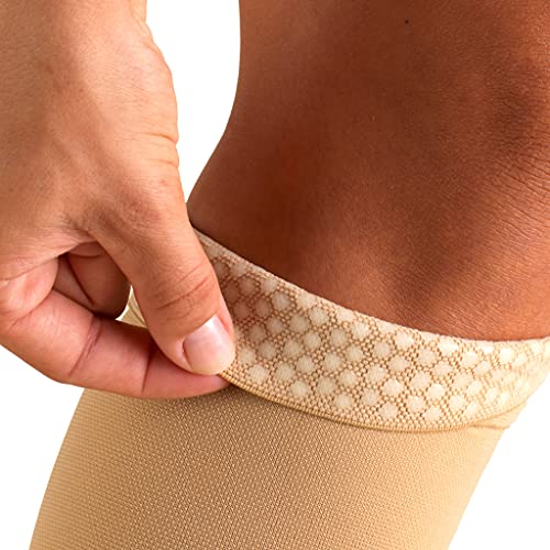 Truform 20-30 mmHg Compression Stockings for Men and Women, Thigh High Length, Dot-Top, Open Toe Beige Medium (1 Pair)