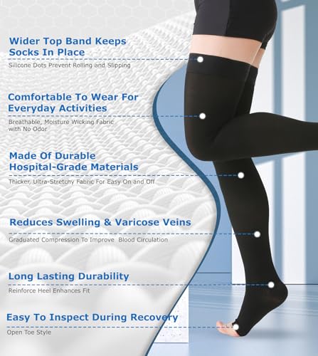 MGANG 20-30mmHg Thigh High Compression Stockings, Varicose Veins, Recovery 20-30mmhg Black Medium